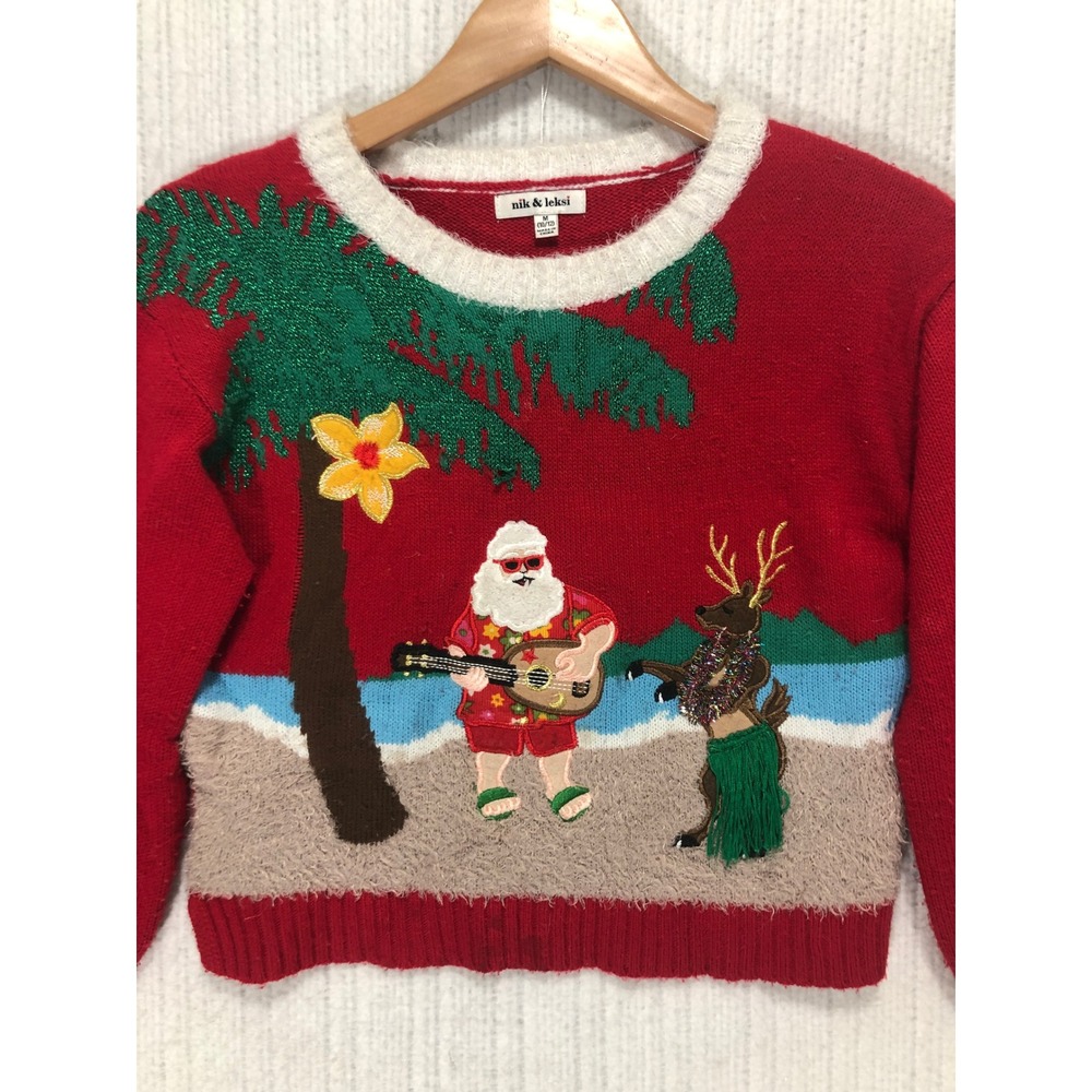 Nik & Leksi Red Tropical Santa‎ Hawaiian Ugly Christmas Sweater M 10 12